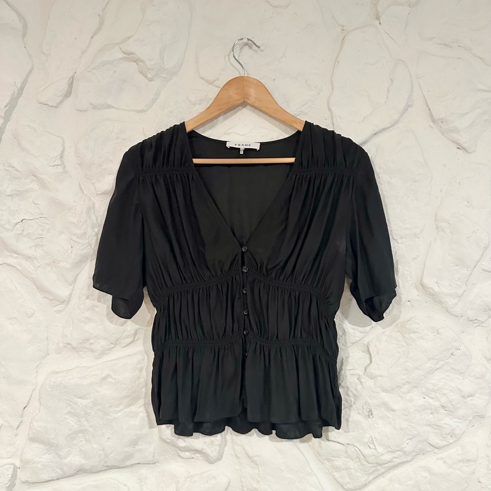 The Frame 100% Silk Black Short Sleeve Blouse with Ruched Button Front - Picture 2 of 6